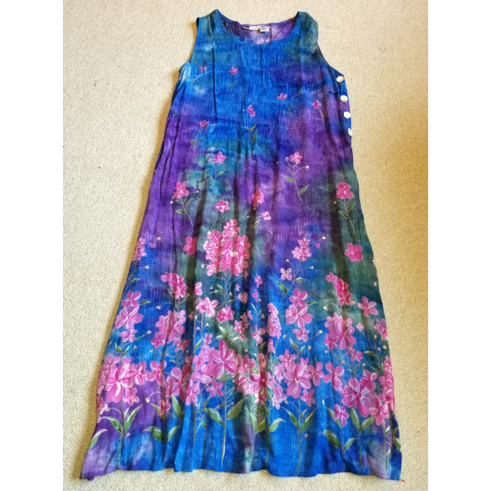 VINTAGE 90s Womens Dress-LA CERA-blue/pink/purple floral rayon maxi lounge-S
